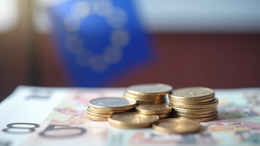 Zbliżenie współczesnych polskich banknotów i monet na tle europejskich flag